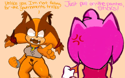 angry blush bodily_fluids bottomless brown_body brown_fur clothed clothing duo female fur genital_fluids genitals gesture hand_gesture multicolored_body multicolored_fur narrowed_eyes no_underwear orange_body orange_fur pink_body pink_fur pointing pointing_at_another teeth tongue vulva yelling heyomaerow sega sonic_boom sonic_the_hedgehog_(series) amy_rose sticks_the_jungle_badger badger eulipotyphlan hedgehog mammal mustelid musteline 2023 hi_res