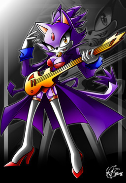 amber_eyes anthro bass_guitar biped blowup_background breasts cleavage clothed clothing female footwear garter_belt garter_straps guitar high_heels legwear musical_instrument playing_guitar playing_music plucked_string_instrument shoes simple_background smile solo stockings string_instrument tail nancher sega sonic_the_hedgehog_(series) blaze_the_cat domestic_cat felid feline felis mammal