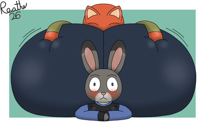 anthro big_butt black_clothing black_ear_tips black_eyebrows black_fingerless_gloves black_gloves black_handwear black_topwear black_vest blue_background blue_bottomwear blue_clothing blue_pants blue_shirt blue_topwear blush border bottomwear breasts butt butt_grab butt_squish clothed clothing dipstick_ears duo ear_markings eyebrows face_in_ass female fingerless_gloves front_view gloves green_clothing green_shirt green_topwear grey_body grey_ears hand_on_another's_butt hand_on_butt handwear huge_butt hyper hyper_butt lying male motion_lines multicolored_body multicolored_ears on_front orange_body orange_ears pants pink_inner_ear pink_nose purple_eyes shirt simple_background squish tan_inner_ear tight_clothing topwear two_tone_body vest white_body white_border reathe disney zootopia judy_hopps nick_wilde canid canine european_rabbit fox lagomorph leporid mammal oryctolagus rabbit red_fox true_fox 2026 5:3 colored digital_media_(artwork) hi_res shaded signature