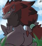 ambiguous_gender anthro biped black_body black_fur blush butt detailed_background fur grass green_eyes grey_body grey_fur kneeling looking_back plant rear_view red_body red_fur solo svkhaiminh nintendo pokemon generation_5_pokemon pokemon_(species) zoroark hi_res