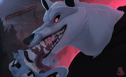 5_fingers anthro anthro_on_anthro belly_lick black_clothing black_penis blue_body blush bodily_fluids carnassials carrying_another carrying_partner cheek_tuft claws cloak clothed clothed/nude clothing dialogue dominant duo ears_up extreme_size_difference facial_horn facial_markings facial_tuft fangs feet fingers forest fur fuzzy genital_fluids genitals glowing glowing_eyes grin gums gums_(mouth) hand_held handheld head_back head_markings holding_another holding_partner horn humanoid_genitalia humanoid_penis interspecies larger_anthro larger_dom larger_male licking licking_stomach looking_at_another looking_at_partner macro male male/male markings mask_(marking) multi_hand multi_limb nervous night nose_horn nude open_mouth open_smile oral outside penile penis penis_lick plant pointy_ears poncho precum prick_ears pupils raised_head raised_leg red_eyes saliva saliva_string scaroused scary sex showing_teeth side_view size_difference smaller_anthro smaller_male smile speech_bubble spikes spikes_(anatomy) spread_toes teeth text threatening toes tongue tongue_out tree tuft underbelly vein veiny_tongue white_body white_fur white_pupils nolow dreamworks mythology puss_in_boots_(franchise) death_(puss_in_boots) drake_(thelovingdragon) canid canine canis dragon mammal mythological_creature mythological_scalie scalie wolf 2025 hi_res spanish_text translated watermark