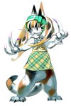 accessory anthro belt biped bottomless bottomwear claws clothed clothing female headband long_claws plaid skirt solo tail tokiya_sakuba domestic_cat felid feline felis hybrid lagomorph leporid mammal rabbit digital_media_(artwork) full-length_portrait portrait