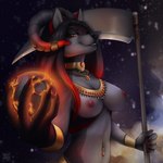 1:1 2021 5_fingers anthro areola breasts canid canine detailed_background digital_media_(artwork) female fingers horn hybrid mammal night nipples outside red_eyes sky smile solo star starry_sky vashaa