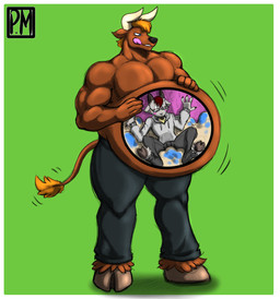 belly big_belly brown_body brown_fur fur grey_body grey_fur horn internal male male_pred male_prey muscular muscular_male organs pecs size_difference stomach tongue tongue_out vore heartman98 bovid bovine caprine cattle goat mammal hi_res