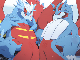 blue_body blush claws feral genitals looking_at_viewer nude simple_background spread_legs spreading wings yellow_sclera refl3ctron mythology nintendo pokemon ancient_pokemon dragon generation_3_pokemon generation_9_pokemon mythological_creature mythological_scalie paradox_pokemon pokemon_(species) roaring_moon salamence scalie hi_res