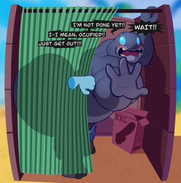 4_fingers anthro arched_back big_butt blue_bottomwear blue_clothing blue_eyes blue_shorts blush bottomwear bottomwear_down butt caught_in_the_act clothed clothing curtains dialogue dildo disembodied_hand embarrassed exclamation_point fingers grey_body male open_mouth partially_clothed sex_toy shorts shorts_down side_view solo speech_bubble text topless topless_humanoid topless_male bigbchevalier disney lilo_and_stitch gantu alien alien_humanoid humanoid 2025 absurd_res english_description english_text hi_res