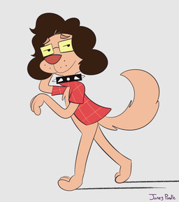 3_fingers 3_toes alternate_species anthro arms_bent big_nose black_collar black_eyes bottomless bottomless_anthro bottomless_male brown_hair closed_smile clothed clothed_anthro clothed_male clothing collar eyebrows eyewear feet fingers fluffy fluffy_tail fur glasses grey_background hair hand_behind_head male male_anthro medium_hair mouth_closed open_clothing open_shirt open_topwear pattern_clothing pattern_shirt pattern_topwear plaid plaid_clothing plaid_shirt plaid_topwear rectangular_glasses red_clothing red_nose red_plaid red_shirt red_topwear shirt simple_background smile solo spiked_collar spikes tail tan_body tan_eyebrows tan_fur tan_tail text toes topwear walking whisker_spots yellow_eyewear yellow_glasses janey_poodle niota_(zibboyeye) canid canine canis domestic_dog mammal 2025 artist_name digital_drawing_(artwork) digital_media_(artwork) english_description flat_colors full-length_portrait hi_res portrait