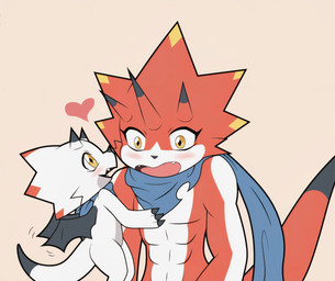 anthro blush duo embarrassed heart_symbol horn kerchief male male/male neckerchief neckwear scarf size_difference yellow_eyes tmdduq6918 bandai_namco digimon digimon_ghost_game betelgammamon digimon_(species) gammamon scalie hi_res brother_(lore) brothers_(lore) incest_(lore) sibling_(lore)