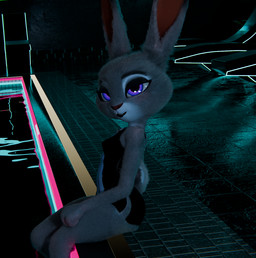 anthro bedroom_eyes black_clothing black_lipstick breasts clothing eyelashes female fur grey_body grey_fur half-closed_eyes lipstick looking_at_viewer makeup multicolored_body multicolored_clothing multicolored_fur narrowed_eyes neon_lights one-piece_swimsuit pool purple_eyes seductive sitting solo swimwear tail water white_body white_clothing white_fur fillerbread pochemu_(modeler) disney zootopia judy_hopps lagomorph leporid mammal rabbit hi_res