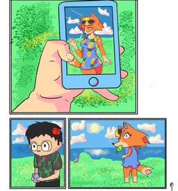 anthro blonde_hair blue_eyes blue_sky breasts cellphone clothed clothing cloud detailed_background duo electronics eyewear female food fur glasses hair holding_object male orange_body orange_fur outside phone popsicle sea sky sun sunglasses topwear water yairo animal_crossing nintendo audie_(animal_crossing) villager_(animal_crossing) canid canine canis human mammal wolf absurd_res digital_media_(artwork) hi_res