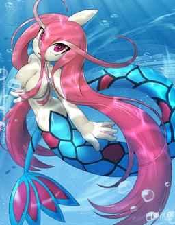 anthro breasts bubble convenient_censorship female looking_at_viewer membrane_(anatomy) nude solo split_form underwater water webbed_hands rilex_lenov nintendo pokemon aquatic generation_3_pokemon merfolk milotic pokemon_(species) 2023 hi_res