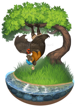 anthro apple compass feet fingers food fruit grass male plant rock smile solo toes tree water katie_hofgard bat mammal 2021 digital_media_(artwork)