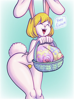 :3 anthro areola big_breasts big_tail blonde_hair blonde_pubes blue_background bodypaint breasts cotton_tail dialogue eyes_closed female front_view fur hair holidays nipples nude open_mouth open_smile pink_areola pink_nipples pink_nose pubes short_hair simple_background smile solo speech_bubble tail text thick_thighs white_body white_fur mexicanjoe easter one_piece carrot_(one_piece) lagomorph leporid mammal minkmen_(one_piece) rabbit 3:4 absurd_res hi_res
