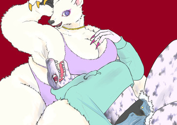 anthro big_breasts bottomwear bra breasts claws cleavage clothed clothing colored_nails denim denim_bottomwear denim_clothing duo female fur hoodie huge_breasts jacket jeans jewelry makeup nails necklace open_mouth pants purple_clothing purple_eyes red_eyes sharp_teeth shorts simple_background smile teeth thick_thighs tongue topwear underwear white_body white_fur kyokyota aquatic bear leopard_seal mammal pinniped polar_bear seal ursine 2020 hi_res
