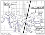 2015 anthro bathroom belly bent_over big_belly big_breasts big_butt breasts butt canid canine canis claws clothed clothed/nude clothed_male clothing comic dialogue duo english_text faf female fox half-closed_eyes hetty_(faf) jimmy_(faf) male mammal monochrome narrowed_eyes nipples nude obese open_mouth overweight overweight_female pawpads paws raised_leg side_boob smile speech_bubble text toe_claws url wolf