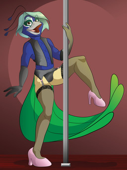 anthro beak biped bulge clothed clothing crossdressing dancing feathers femboy footwear garter_belt garter_straps gloves hair handwear high_heels holding_fixture legwear looking_at_viewer male midriff open_mouth pole pole_dancing shoes solo teal_hair thigh_highs topwear vest frankievondrake danny_(vampiresacrifice) avian bird galliform peafowl phasianid hi_res