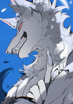 5_fingers anthro blue_background claws closed_smile fangs finger_claws fingers fur gesture grey_body grey_fur looking_at_viewer male mouth_closed pawpads pink_eyes simple_background smile solo teeth toothy_grin white_body white_fur white_sclera chiayeeee canid canine canis mammal wolf 2025 bust_portrait digital_drawing_(artwork) digital_media_(artwork) hi_res portrait signature