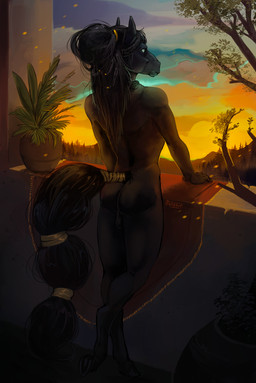 anthro balls black_body black_fur black_hair braided_hair detailed_background fur genitals hair hooves male male_anthro mane nude nude_anthro nude_male plant rear_view solo standing sunset tail tree i-psilone rafael_(shadeba) equid equine horse mammal 2021 hi_res
