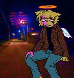anthro bodily_fluids cigarette feathered_wings feathers halo heterochromia male smoking smoking_cigarette solo sweat sweatdrop text wings angxlmeat domestic_cat felid feline felis mammal absurd_res hi_res