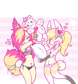 :d ^_^ alternative_fashion anthro black_clothing black_panties black_underwear blonde_hair blush blush_stickers cat_plushie clothed clothed_anthro clothed_female clothing countershading daww duo ear_piercing eyes_closed fangs female fur gloves_(marking) hair happy heart_symbol holding_object holding_pillow holding_plushie industrial_piercing leg_markings markings navel open_mouth open_smile outline panties pattern_clothing pattern_topwear piercing pillow pillow_fight pink_bow pink_clothing pink_hair pink_inner_ear pink_panties pink_tail pink_underwear plushie ponytail scene_(fashion) scene_haircut smile socks_(marking) sparklefur striped_arms striped_body striped_clothing striped_crop_top striped_fur striped_topwear stripes tail teeth topwear underwear white_body white_countershading white_inner_ear white_outline x_navel yellow_body yellow_ears yellow_fur yellow_tail chatoyancy canid canine mammal 2025 digital_drawing_(artwork) digital_media_(artwork) hi_res pink_theme portrait three-quarter_portrait