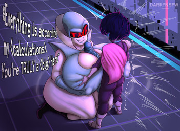 big_breasts blue_body breast_play breasts dialogue duo female genitals huge_breasts kneeling machine male male/female mature_female nipple_outline penis sex text titfuck darkynsfw deltarune undertale_(series) kris_dreemurr queen_(deltarune) darkner human humanoid mammal robot absurd_res english_text hi_res