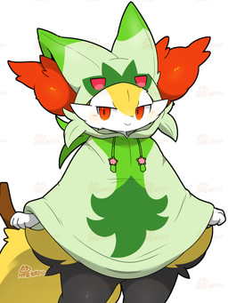 ambiguous_gender anthro black_body black_fur blush bottomless clothed clothing cosplay costume front_view fur fursuit green_clothing hood_up hoodie hoodie_only inner_ear_fluff kemono multicolored_body multicolored_fur narrowed_eyes orange_eyes paws poncho poncho_only red_body red_fur red_inner_ear_fluff simple_background smile solo standing stick tail topwear topwear_only tuft white_background white_body white_fur yellow_body yellow_fur yellow_tail tontaro nintendo pokemon braixen canid canine generation_6_pokemon mammal pokemon_(species) 3:4 hi_res signature watermark