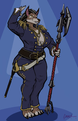 anthro axe belt big_breasts breasts clothed clothing female fur hair looking_at_viewer melee_weapon military_uniform simple_background smile solo standing sword uniform weapon mainlinemojo blizzard_entertainment warcraft canid mammal werecanid werecreature worgen hi_res