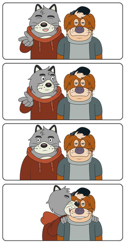 4_fingers anthro clothing duo fingers grey_body hoodie male shirt topwear cilverwolf brok_the_investigator cowcat_games unamused_friend_comic_(meme) graff_filsh ott_(brok_the_investigator) canid canine domestic_cat felid feline felis mammal 2026 absurd_res comic hi_res meme