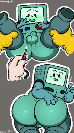 anthro anus balls big_butt black_eyes blush blush_lines butt fur genitals green_body grey_background group hand_on_butt hand_on_face hand_on_leg hand_on_own_butt hand_on_own_face holding_object kneeling leg_grab legs_up looking_back lying machine male male/male not_furry on_back penis presenting presenting_hindquarters raised_finger rear_view screen screen_face shortstack shortstack_male simple_background small_balls small_penis tan_body tan_skin text thick_thighs three-quarter_view trio yellow_body yellow_fur bananapop adventure_time cartoon_network bmo finn_the_human jake_the_dog canid canine canis domestic_dog human mammal mo_(adventure_time) robot 2025 9:16 artist_name digital_media_(artwork) hi_res
