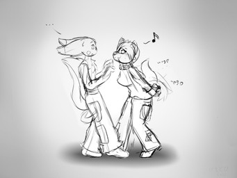 anthro big_ears breasts clothed clothing collar duo female male musical_note musical_symbol smile symbol tail tail_motion tailwag topless kemotobi jumper_(kemotobi) ambiguous_species 2012 4:3 monochrome sketch