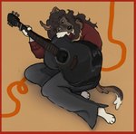 4_fingers 4_toes acoustic_guitar anthro bangs bent_arm bent_legs black_guitar black_nose border bottomwear brown_body brown_claws brown_fur brown_hair brown_tail claws clothed clothing ear_piercing ear_ring feet finger_claws fingers floppy_ears fluffy fluffy_tail fur grey_bottomwear grey_clothing grey_pants guitar hair half-closed_eyes handpaw leaning_on_object long_hair long_tail male multicolored_tail musical_instrument narrowed_eyes pants paws piercing pink_inner_ear plucked_string_instrument red_border red_clothing red_sweater red_topwear ring_piercing simple_background sitting solo string_instrument sweater tail toes topwear white_body white_fur white_tail flockdog bill_(flockdog) canid canine canis domestic_dog fox_terrier hunting_dog mammal terrier 2023 colored digital_drawing_(artwork) digital_media_(artwork) hi_res nonbinary_(lore) trans_(lore) trans_man_(lore)