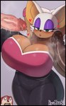 anthro big_breasts black_border blush bodily_fluids border breasts clothed clothing cum disembodied_penis eyelashes eyeshadow female genital_fluids genitals green_eyes group heart_symbol huge_breasts humanoid_genitalia humanoid_penis makeup male penis simple_background solo_focus vein kingjnar sega sonic_the_hedgehog_(series) knuckles_the_echidna rouge_the_bat bat mammal 2025 digital_media_(artwork) hi_res