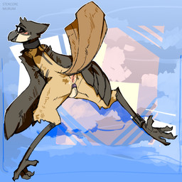 abstract_background anthro anus avian_feet beak blush chastity_cage chastity_device collar legband looking_at_viewer looking_back looking_back_at_viewer male pose presenting presenting_anus purple_chastity_cage raised_tail solo tail wings stercore_murum birdie_(canadabirdie) avian bird black-capped_chickadee chickadee oscine passerine tit_(bird) absurd_res hi_res pinup