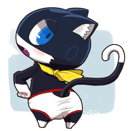 anthro balls_outline black_body black_fur blue_eyes blush bulge butt chibi clothing detailed_bulge dipstick_tail fur genital_outline hand_on_hip kerchief looking_at_viewer looking_back male markings mask open_mouth solo tail tail_markings underwear white_body white_fur hinako_iroiro atlus megami_tensei persona_(series) persona_5 sega morgana_(persona) domestic_cat felid feline felis mammal tuxedo_cat 1:1 2019 digital_media_(artwork)