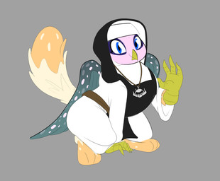 beak claws clothing dress feathers female feral fluffy fluffy_tail gesture habit jewelry looking_at_viewer necklace nun paws religion simple_background smile solo spots tail waving wide_hips wings villegreen hasbro my_little_pony mythology avian felid feline gryphon hybrid mammal mythological_avian mythological_creature hi_res