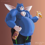 anthro banana belly black_nose blue_body blue_fur bulge clothing eyes_closed food fruit fur humanoid_hands male overweight overweight_male plant simple_background solo underwear wings bearicthecleric nintendo oracle_of_ages oracle_of_seasons the_legend_of_zelda moosh bear mammal 1:1 2020 hi_res