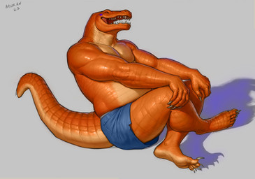 anthro belly big_belly blue_bottomwear blue_clothing blue_shorts bottomwear clothed clothing eyes_closed grey_background happy male markings muscular muscular_anthro muscular_male open_mouth open_smile orange_body orange_scales overweight overweight_anthro overweight_male purple_markings scales sharp_teeth shorts side_view simple_background sitting smile solo star_(marking) teeth topless aduran milo_(aduran) crocodile crocodilian reptile scalie 2023 dated hi_res signature