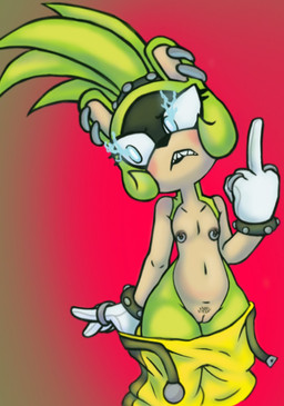 anthro areola blue_eyes blush bottomwear bracelet brown_areola brown_nipples clothing ear_piercing ear_ring eyelashes facial_markings female flat_chested fur genitals gesture gloves green_body green_fur hand_gesture handwear head_markings jewelry looking_away markings middle_finger navel nipple_piercing nipple_ring nipples pants piercing pubes red_background ring ring_piercing sharp_teeth simple_background solo studded_bracelet studded_jewelry studs tan_body tan_fur teeth thick_thighs tsundere undressing vulva white_clothing white_gloves white_handwear wide_hips yellow_bottomwear yellow_clothing yellow_pants knullox idw_publishing sega sonic_the_hedgehog_(comics) sonic_the_hedgehog_(idw) sonic_the_hedgehog_(series) surge_the_tenrec afrosoricid mammal tenrec 2023 hi_res