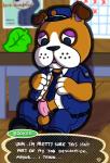 anthro balls belt bodily_fluids clothed clothing erection foreskin fur genital_fluids genitals male open_mouth partially_retracted_foreskin penis police police_uniform precum public slightly_chubby solo text uniform unprofessional_behavior handsdownhound animal_crossing nintendo booker_(animal_crossing) bulldog canid canine canis domestic_dog mammal mastiff molosser 2017 absurd_res english_text hi_res