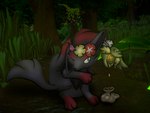 coin female feral forest jungle male plant scratching_ear tree nintendo pokemon comfey generation_5_pokemon generation_7_pokemon pokemon_(species) zorua 4:3 hi_res