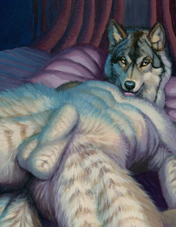 animal_genitalia anthro balls bed detailed_fur foreshortening fully_sheathed fur furniture genitals inside licking looking_at_viewer lying male nude nude_anthro nude_male on_back on_bed orange_eyes pillow pointy_ears prick_ears seductive self_lick sheath solo tail tongue tongue_out white_body white_fur hibbary canid canine canis mammal wolf 2026 acrylic_painting_(artwork) detailed hi_res painting_(artwork) traditional_media_(artwork) traditional_painting_(artwork)