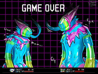 abs ambiguous_gender anthro bodysuit clothing corruption game_over game_over_screen game_ui gameplay_mechanics goo_transformation hypnosis latex latex_bodysuit latex_clothing latex_skinsuit mind_control moan multicolored_goo null_bulge pecs skinsuit tight_clothing transformation riggedreded deltarune undertale_(series) werewire 2025 hi_res
