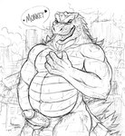 anthro balls bodily_fluids city city_destruction destruction erection fangs genitals holding_penis humanoid_genitalia humanoid_penis looking_at_viewer male musclegut muscular muscular_anthro muscular_male narrowed_eyes nude open_mouth outside overweight overweight_anthro overweight_male pecs penis solo speech_bubble standing sweat sweatdrop teeth text tongue tongue_out vein veiny_penis crazydrak godzilla_(series) toho godzilla scalie 2014 alternate_version_at_source dated english_text hi_res monochrome portrait signature sketch three-quarter_portrait
