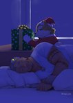 anthro chibi clothing costume duo gift holidays male muscular muscular_male santa_costume short sleeping rongjie_mini christmas lifewonders live_a_hero gomeisa procy canid canine canis domestic_dog mammal hi_res