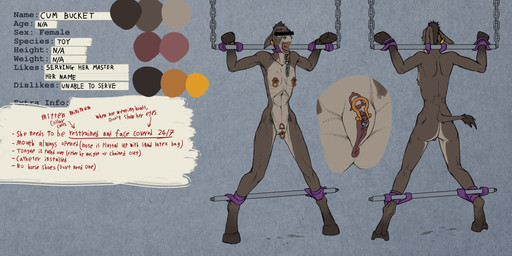 anthro bdsm belt biped bodily_fluids bondage bondage_gear bondage_gloves bound branded branding chain clothing color_swatch drooling eye_covering female forced gag handwear leather nipple_piercing nipples piercing restrained saliva solo text tongue tongue_out tongue_piercing missing.file cum_bucket_(character) asinus donkey equid equine hybrid mammal mule 2:1 absurd_res digital_media_(artwork) english_text full-length_portrait hi_res model_sheet portrait