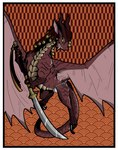 border bottomwear clothing feral horn loincloth male melee_weapon naginata pattern_background polearm pose scales simple_background solo sword tail weapon white_border wings labjer mythology khez_(labjer) dragon mythological_creature mythological_scalie scalie colored hi_res