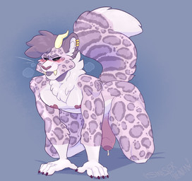 all_fours anthro big_fangs big_penis blep blue_background blush blush_lines bodily_fluids cheek_tuft claws dripping ear_piercing ear_ring facial_tuft fangs finger_claws fur genital_fluids genitals horn humanoid_genitalia humanoid_penis looking_at_viewer male markings nude_anthro nude_male pasties penis piercing pink_body pink_fur precum precum_drip purple_body purple_fur ring_piercing simple_background solo spots spotted_body spotted_fur teeth thick_penis thick_thighs tongue tongue_out tuft sinisterheaven felid mammal pantherine snow_leopard hi_res