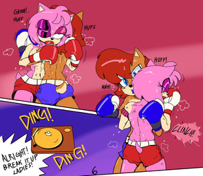 anthro auburn_hair bell blush blush_lines bodily_fluids boxing_gloves boxing_shorts breath brown_body brown_fur bruised bruised_eye clothed clothing clutching dialogue duo eyelashes female fight fur hair handwear hashmarks kickboxing mouthguard muay_thai muscular muscular_anthro muscular_female out_of_breath panting pink_body pink_fur quills_(anatomy) red_hair speech_bubble sweat swollen_eye tan_arms tan_body tan_face tan_fur text topless topless_anthro topless_female yelling fellowthewulf sega sonic_the_hedgehog_(series) amy_rose sally_acorn eulipotyphlan hedgehog mammal rodent sciurid tree_squirrel comic english_text hi_res