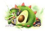 anthro avocado chain_necklace clothing electronics food footwear fruit gloves gold_(metal) gold_jewelry gold_necklace green_body green_skin handwear headphones jewelry male necklace open_mouth orange_eyes plant solo teeth tongue tongue_out white_clothing white_gloves white_handwear yellow_eyes finikart sega sonic_the_hedgehog_(series) vector_the_crocodile crocodile crocodilian reptile scalie 2020 green_theme hi_res signature traditional_media_(artwork)