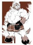 anthro belly big_belly biped bottomwear celtic_knot clothed clothing hooves horn kilt male muscular muscular_anthro muscular_male smile solo sporran sporran_aside standing topless eda bovid bovine cattle mammal hi_res